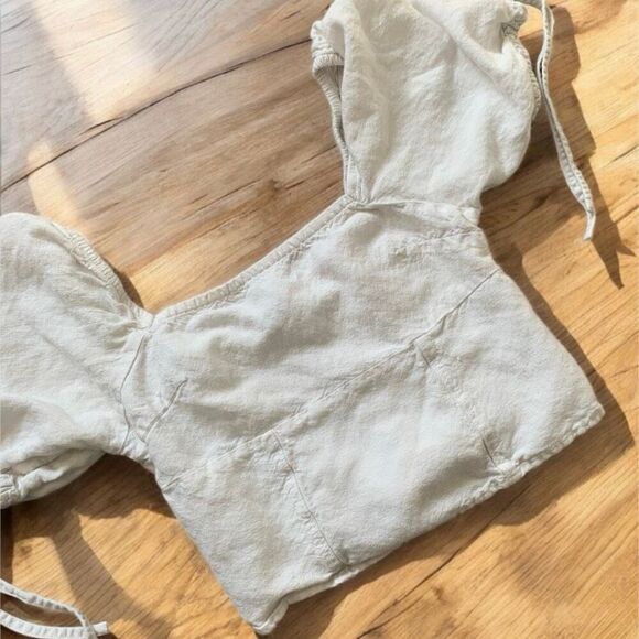 Express Smocked Cropped Peasant Top Extra Small XS Linen - Picture 2 of 7